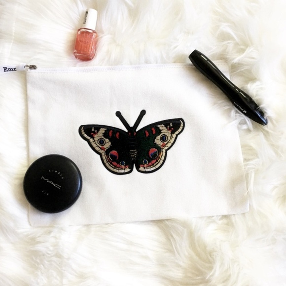White Canvas Embroidered Butterly 🦋 Makep Travel Bag Pouch